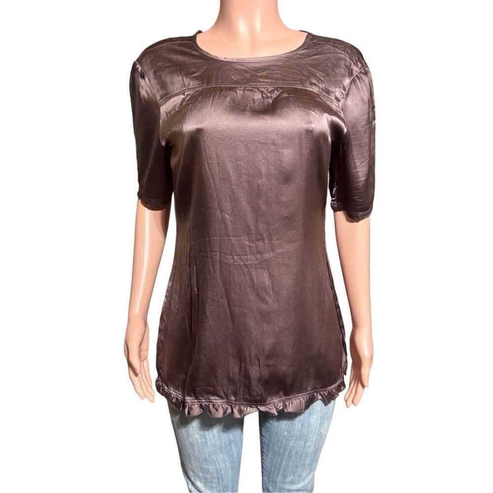 Pulp women button back short sleeve walnut rayon solid  blouse M